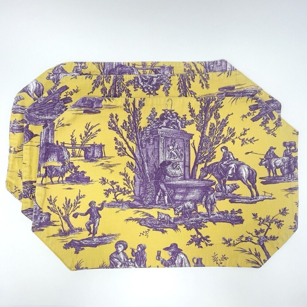 Williams Sonoma ORLEANS TOILE Placemats Yellow Purple Cotton Octagon Set Of 3